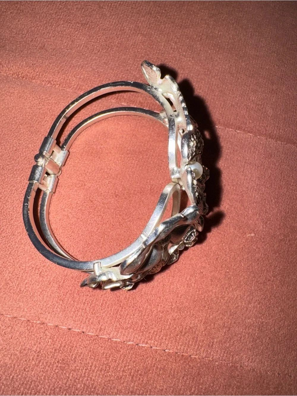 Silver Tone Floral Rhinestone Faux Pearl Hinged Cuff Bracelet